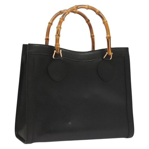 GUCCI Bamboo Hand Bag Leather Black Gold 002 002 - Picture 1 of 16